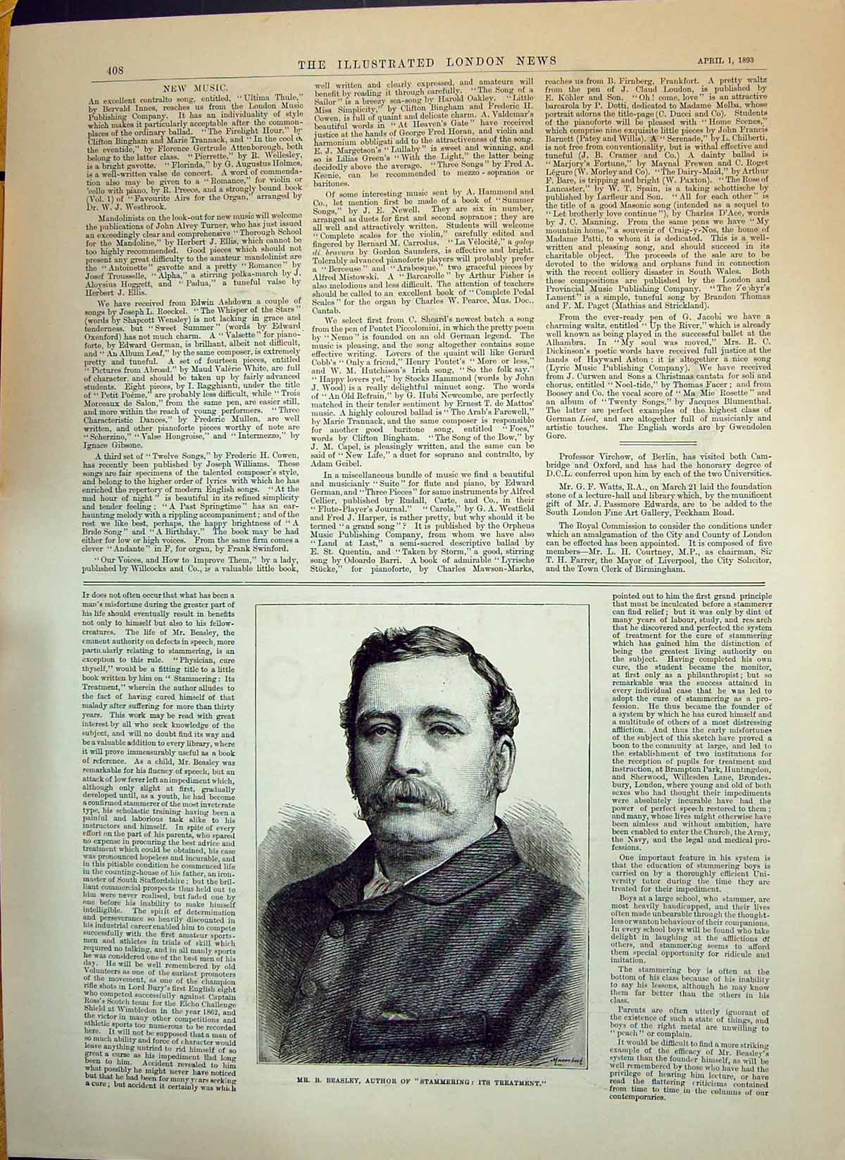 Old Antique Print 1893 Portrait Mr. Beasley Author Stammering Treatment 19th