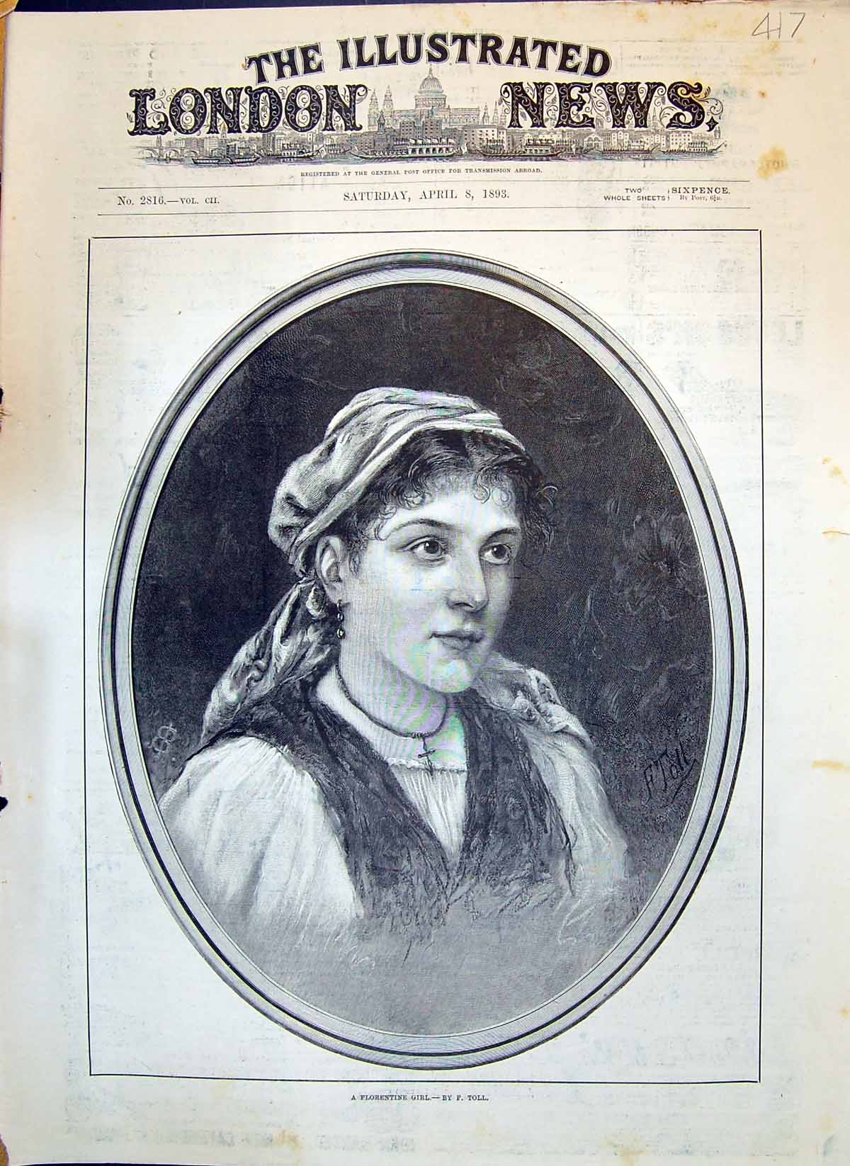 Original Old Antique Print 1893 Portrait Florentine Girl Beautiful Woman Toll