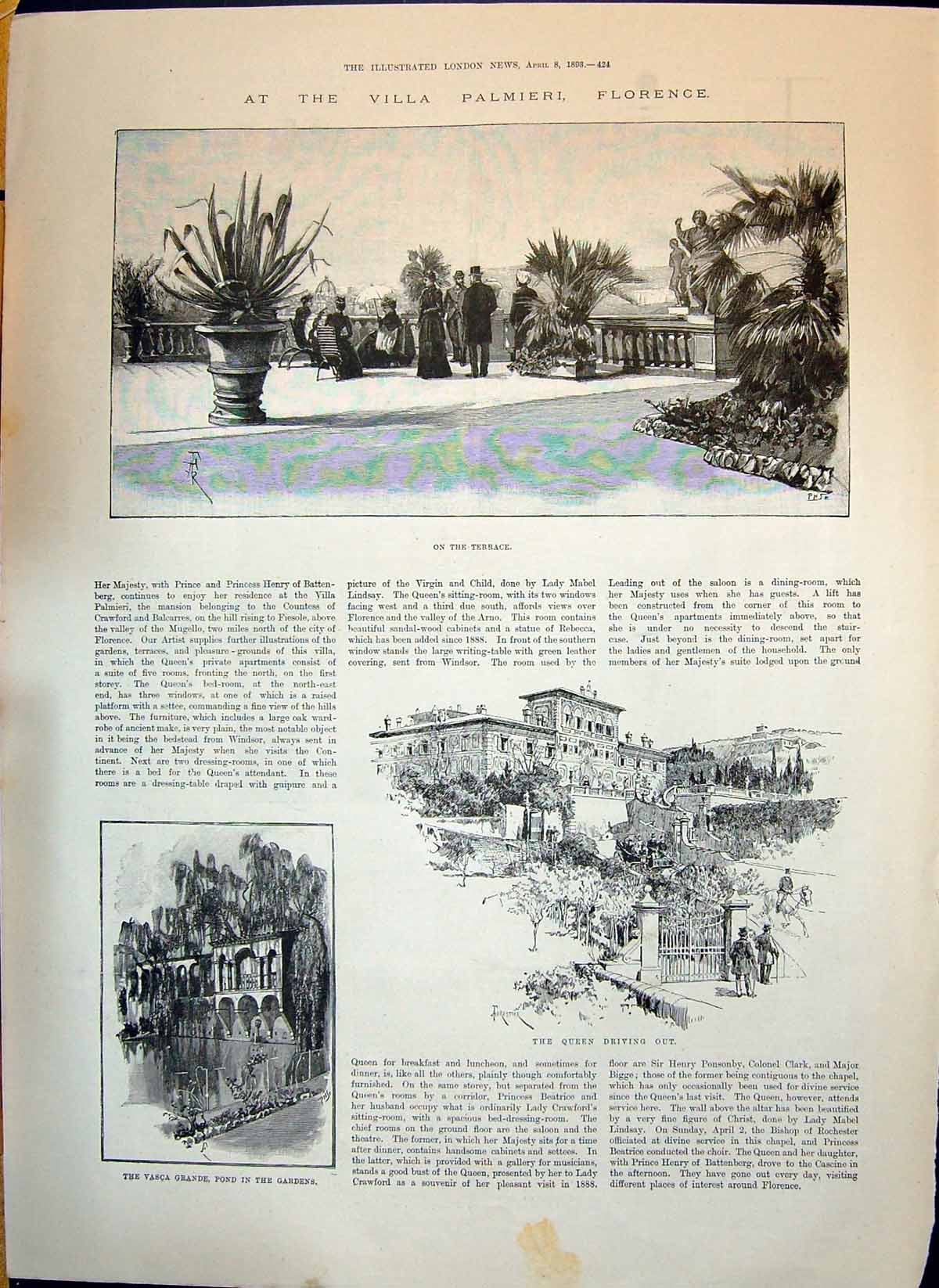 Old 1893 Villa Palmieri Florence Vasca Grande Pond Gardens Numismatic Victorian