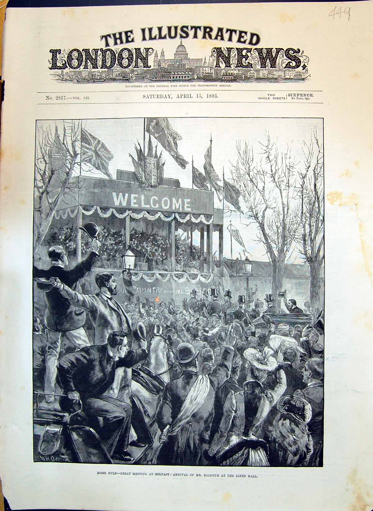 Old 1893 Home Rule Great Meeting Belfast Ireland Scene Arrival Balfou Victorian