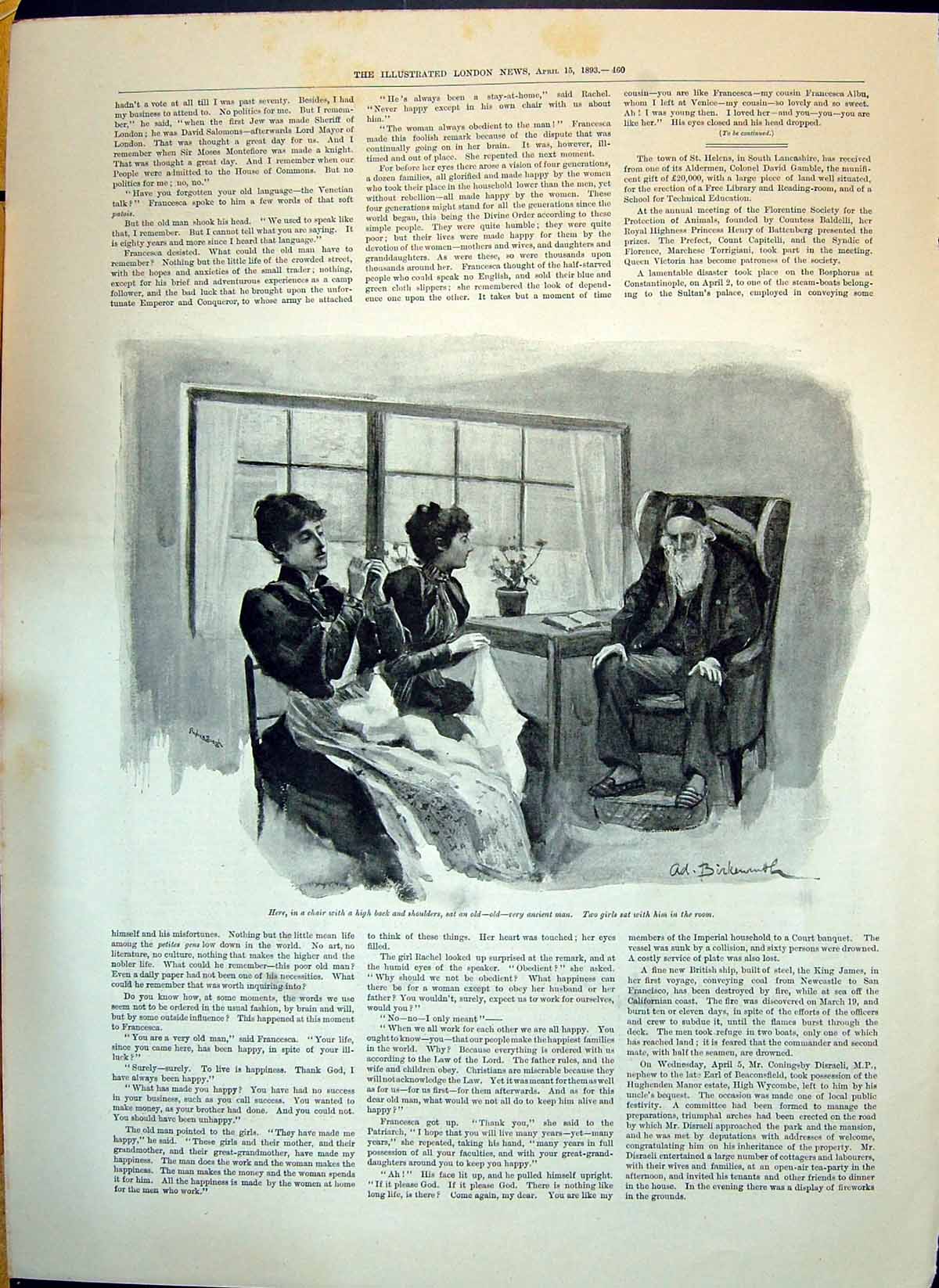 Original Old Antique Print 1893 Ancient Man Girls Sewing Room 19th
