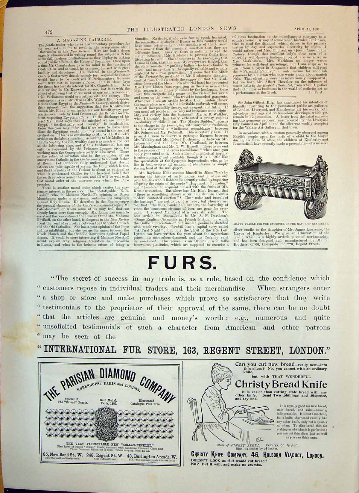 Antique Old Print 1893 Fur Store Parisian Diamond Company Christy Bread Knife