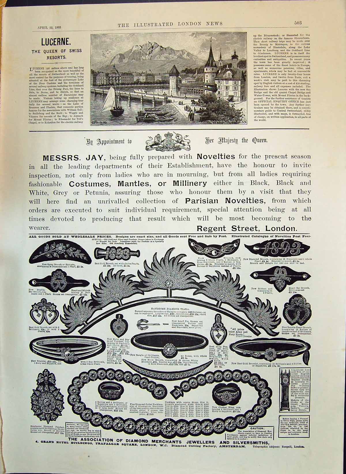 Antique Old Print 1893 View Lucerne Swiss Resort Diamond Merchants Jewellers