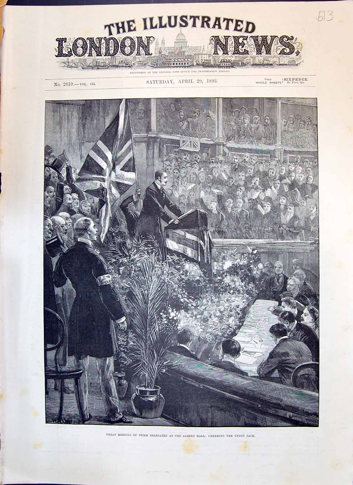 Old 1893 Great Meeting Irish Delegates Albert Hall Scene Cheering Uni Victorian