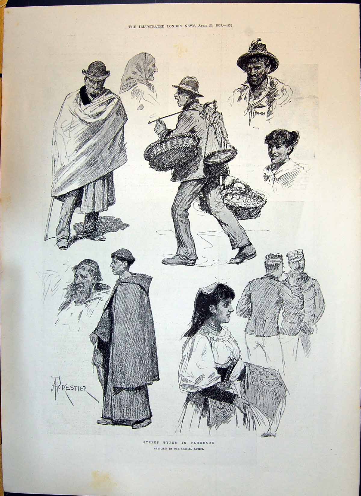 Antique Print 1893 Street People Florence Belgian Mail Ship LeopSilver Plat