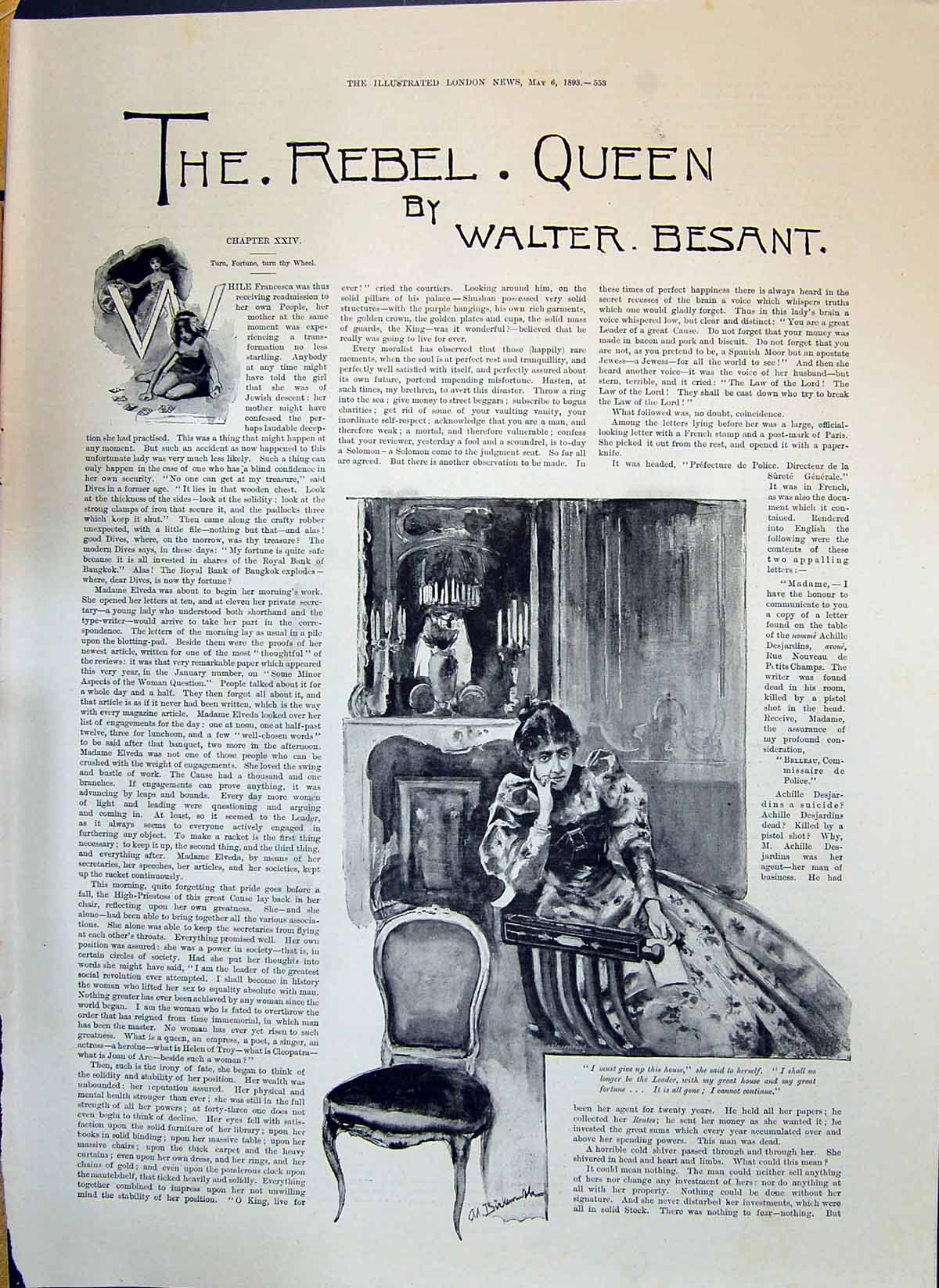 Old 1893 Rebel Queen Walter Besant Story Illustration Lady Sitting Ch Victorian