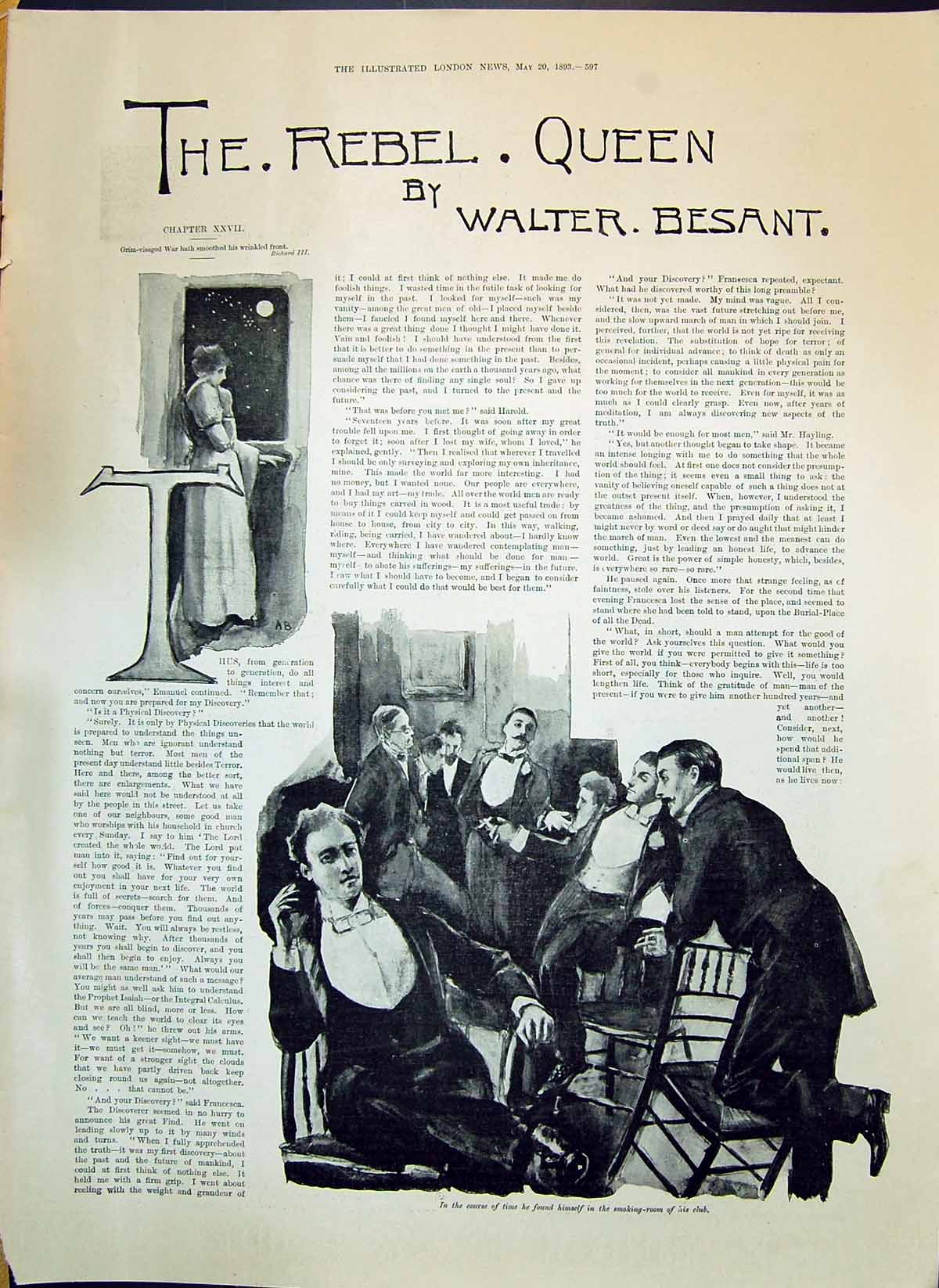 Old 1893 Story Illustration Rebel Queen Walter Besant Smoking Room Me Victorian