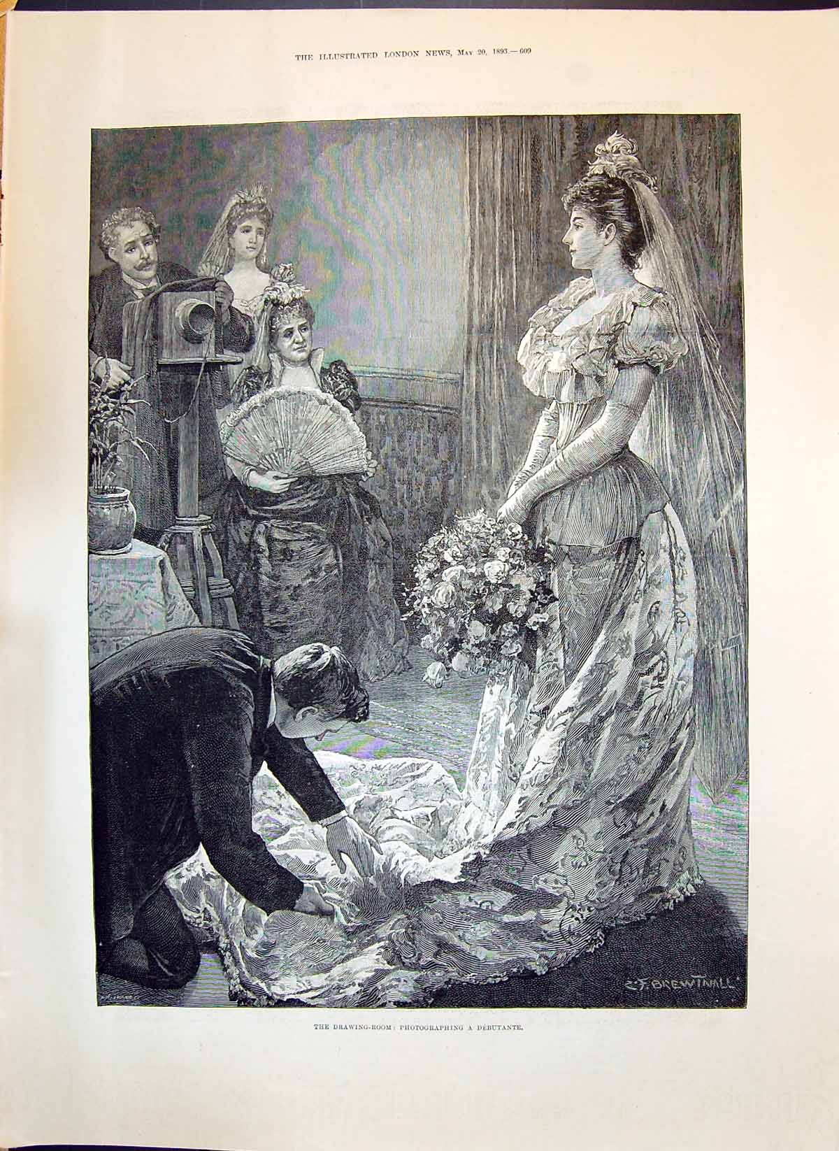 Original Old Antique Print 1893 Drawing-Room Scene Photographing Debutante Lady