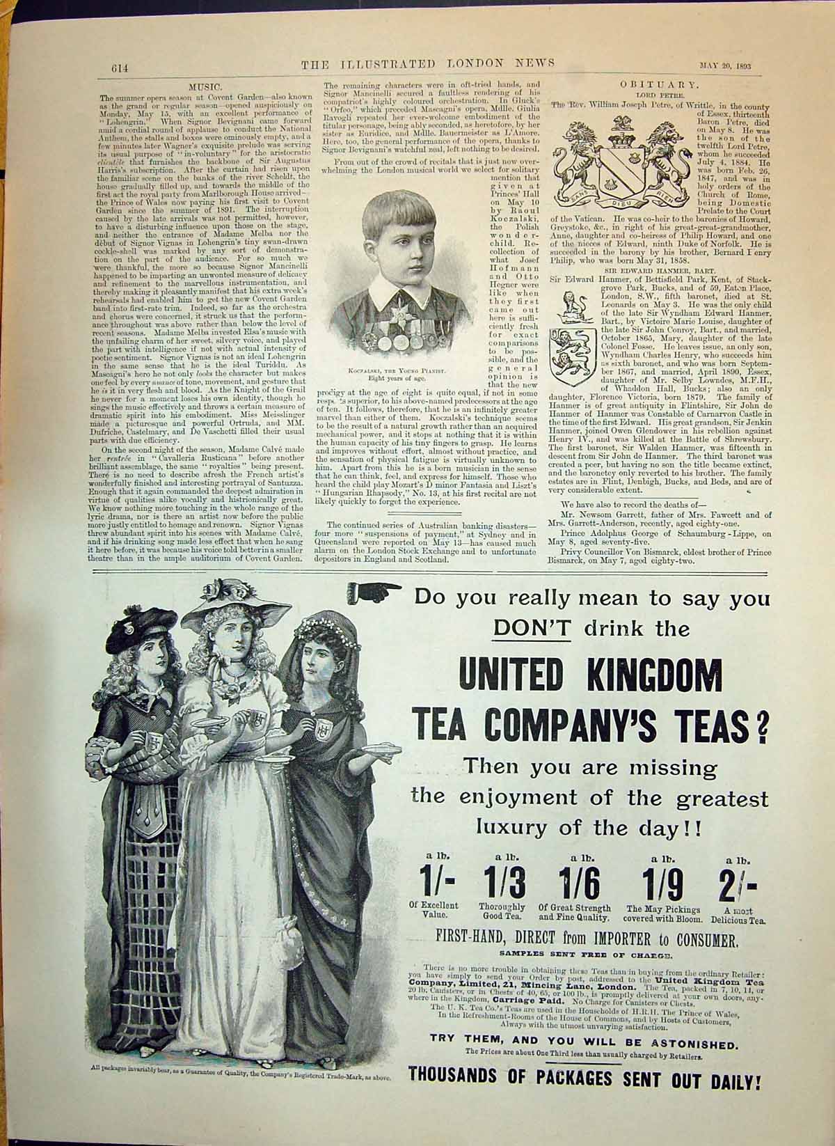 Antique Print 1893 Kocalski Young Pianist Advertisement United Kingdom Tea 19th