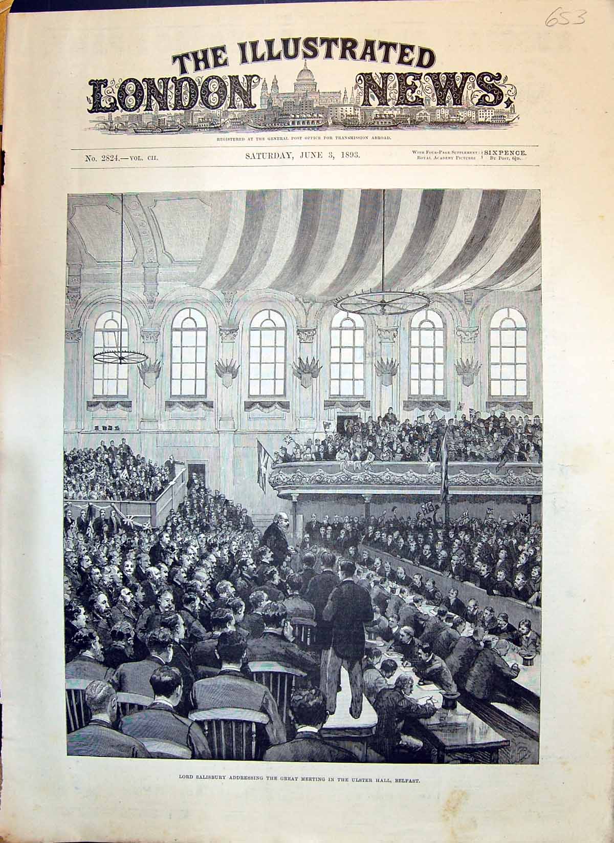 Old 1893 Lord Salisbury Addressing Great Meeting Ulster Hall Belfast Victorian