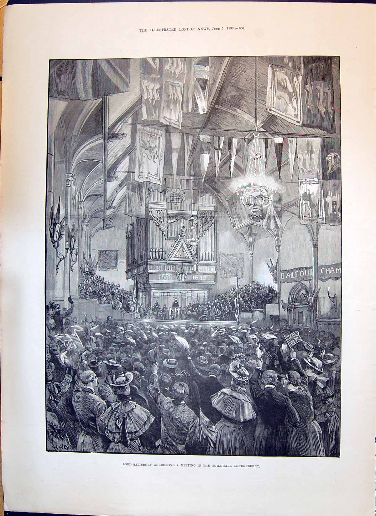 Old Print 1893 Lord Salisbury Meeting Guildhall Londonderry Tigress James Dormer