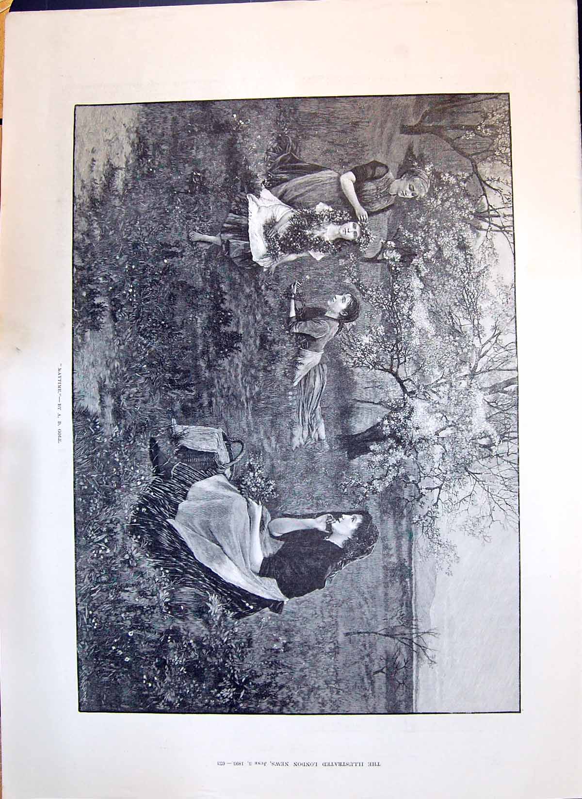 Old 1893 Fine Art Maytime Hop-Pickers Ladies Flowers Countryside Scen Victorian
