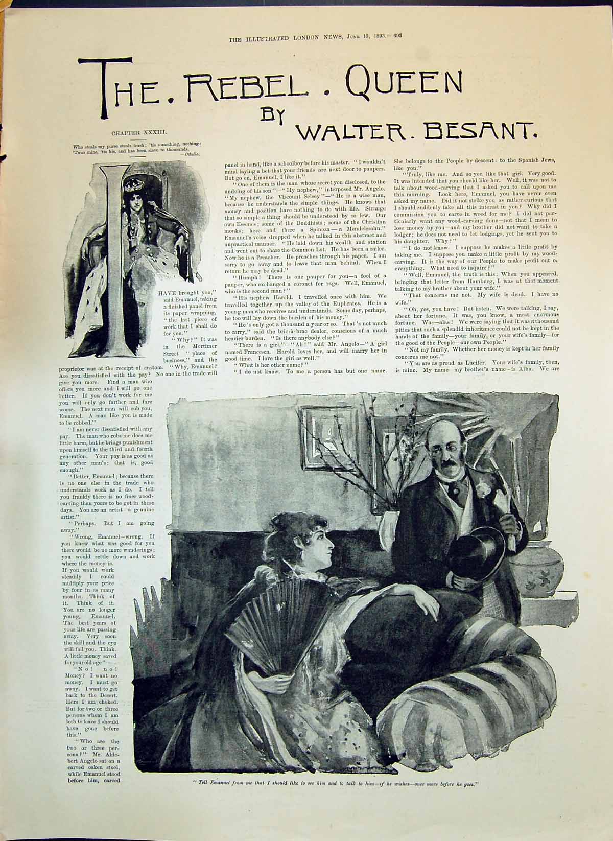 Old 1893 Illustration Story Rebel Queen Walter Besant Emanuel Lady Fa Victorian