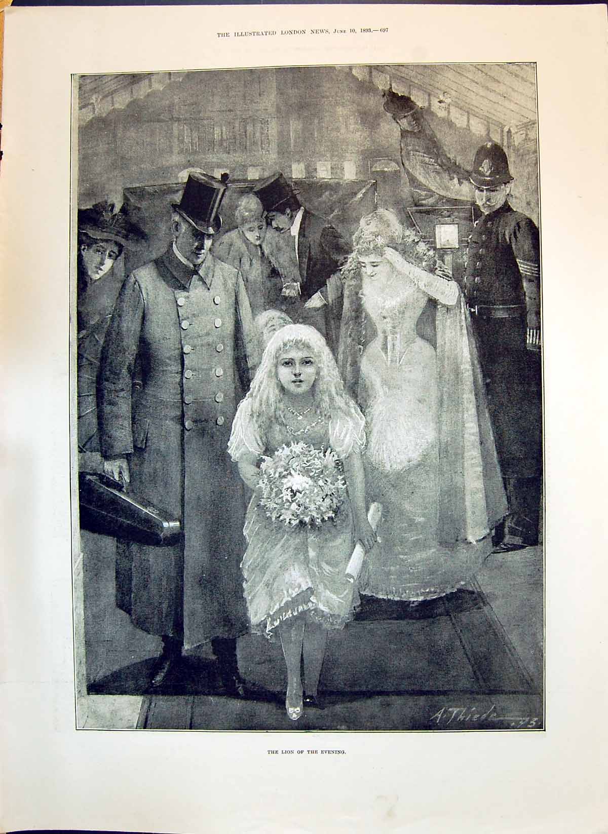 Original Old Antique Print 1893 Wedding Scene Flower Girl Lion Evening Thiede
