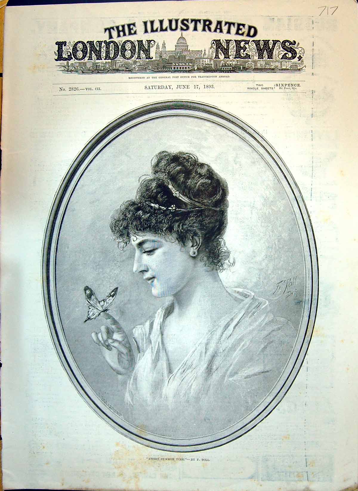 Old Print 1893 Portrait Sweet Summer Time Beautiful Woman Butterfly Toll 19th