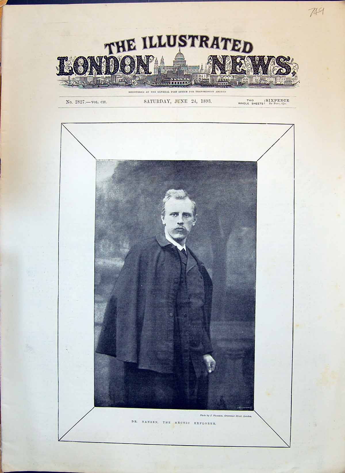 Old Antique Print 1893 Portrait Dr Nansen Arctic Explorer Thomson London 19th