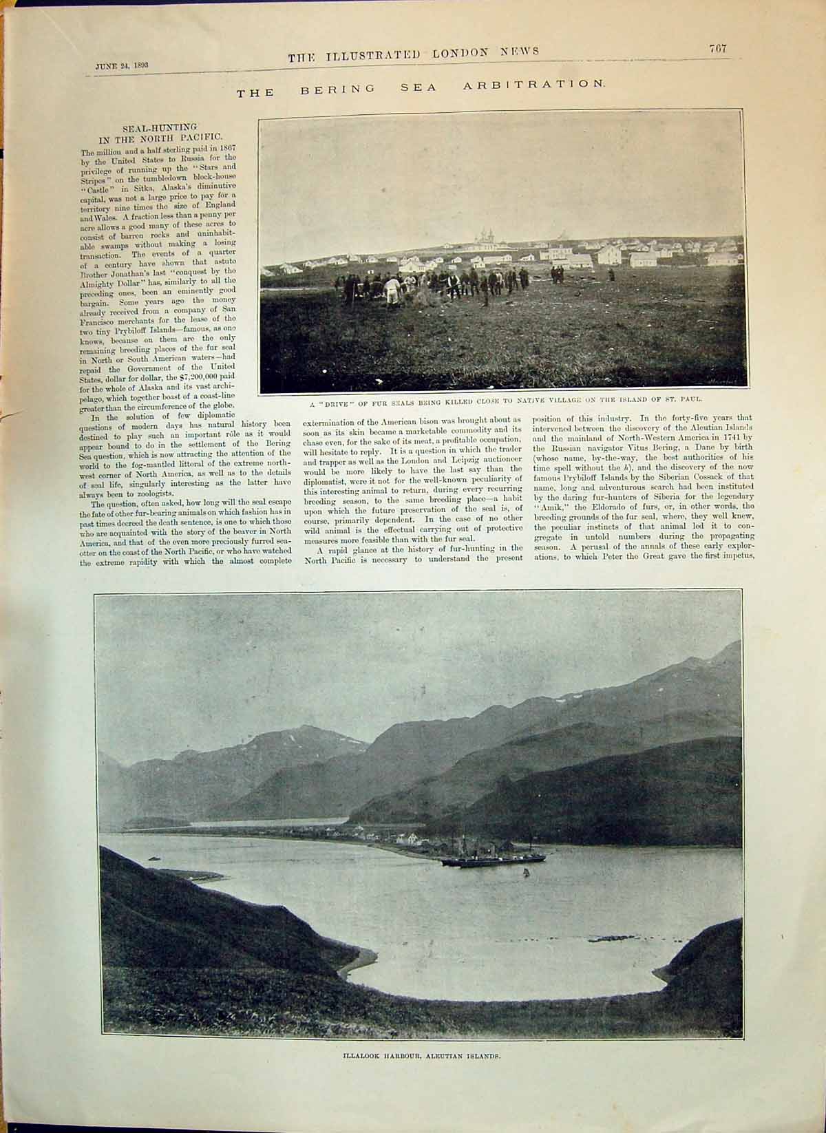 Old 1893 Bering Sea Arbitration Fur Seals Hunting Illalook Harbour Al Victorian