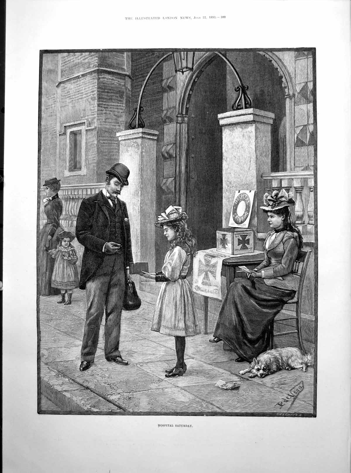Antique Old Print Child Collecting Money Hospital Saturday Military Map 1893