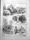 Antique Old Print Winchester College Scenes Cloisters From Garden Chapel 1893
