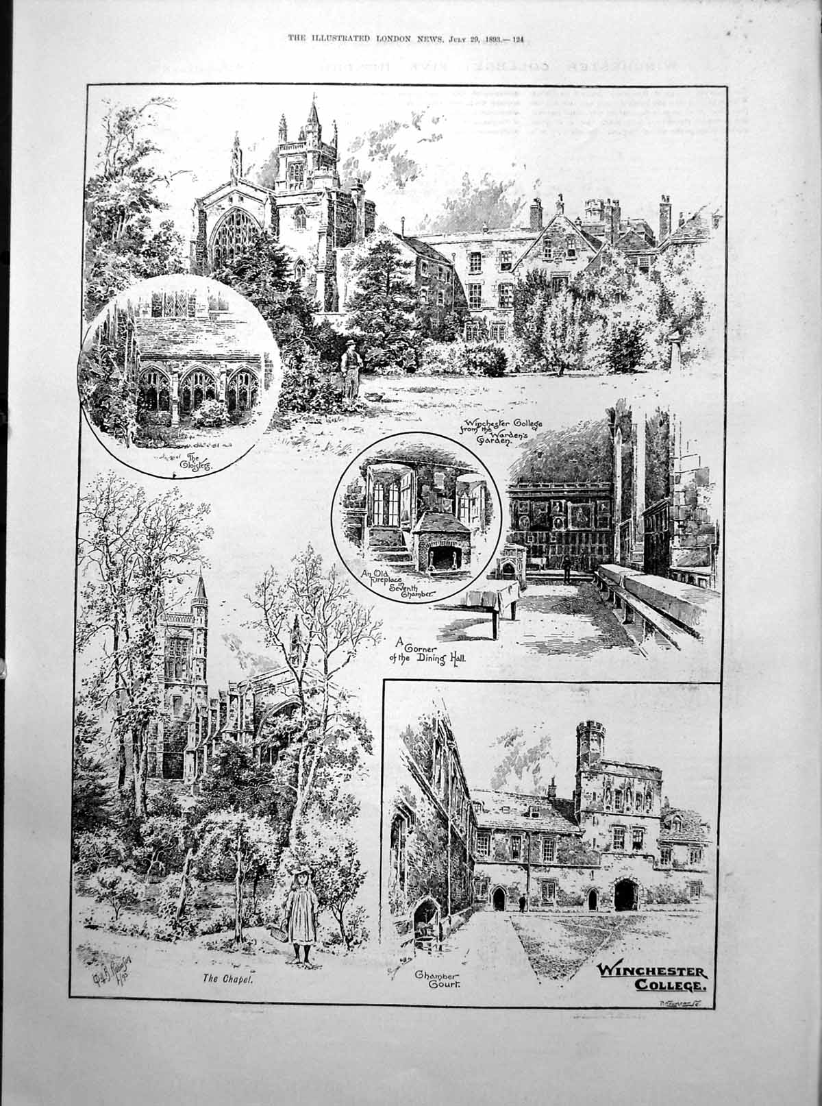Antique Old Print Winchester College Scenes Cloisters From Garden Chapel 1893