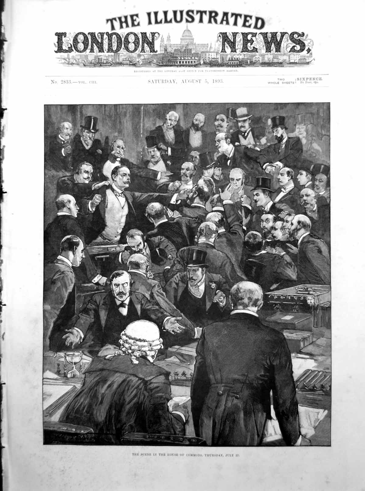 Old Antique Print The Scene In The House Commons Thursday July 27Th 1893