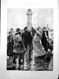 Antique Print Shore Scene Lighthouse Welcoming Back Fishermen Sailors 1893 19th