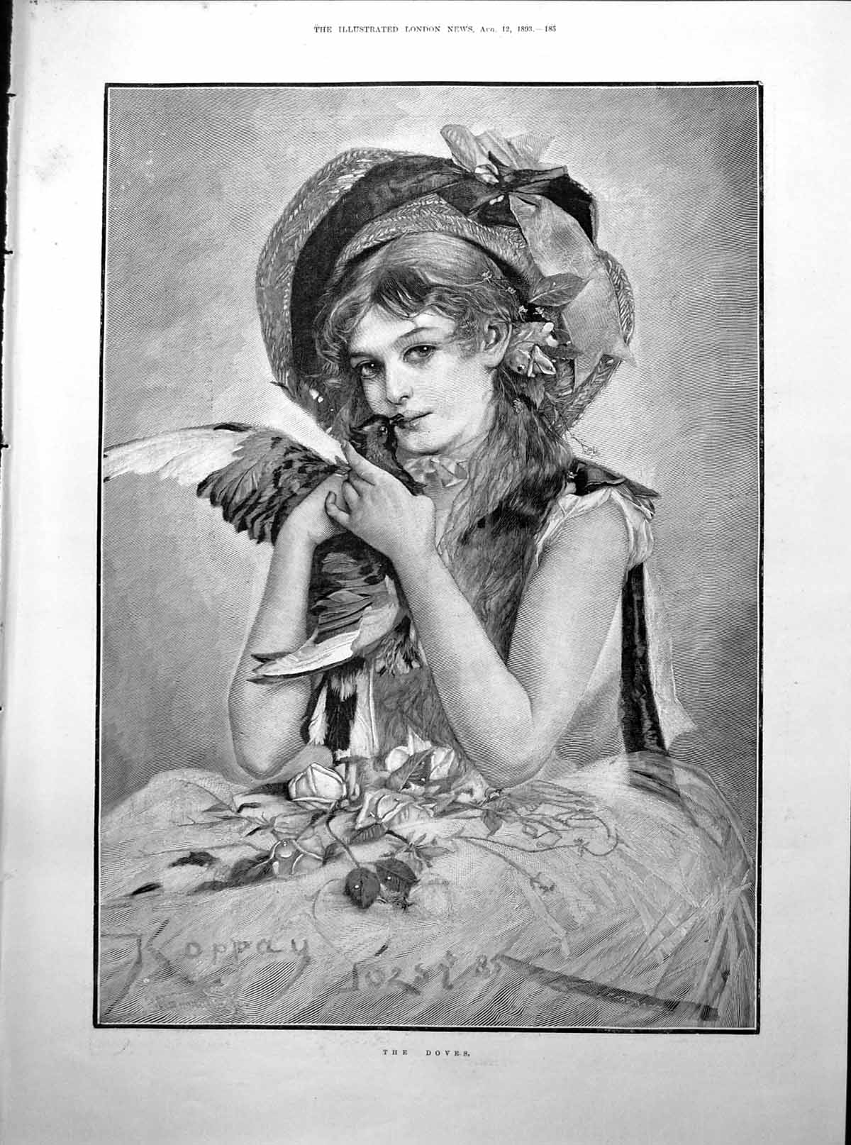 Antique Print Doves Girl Hing Bird Trail Sword Gents Canoes Woodland 1893 19th