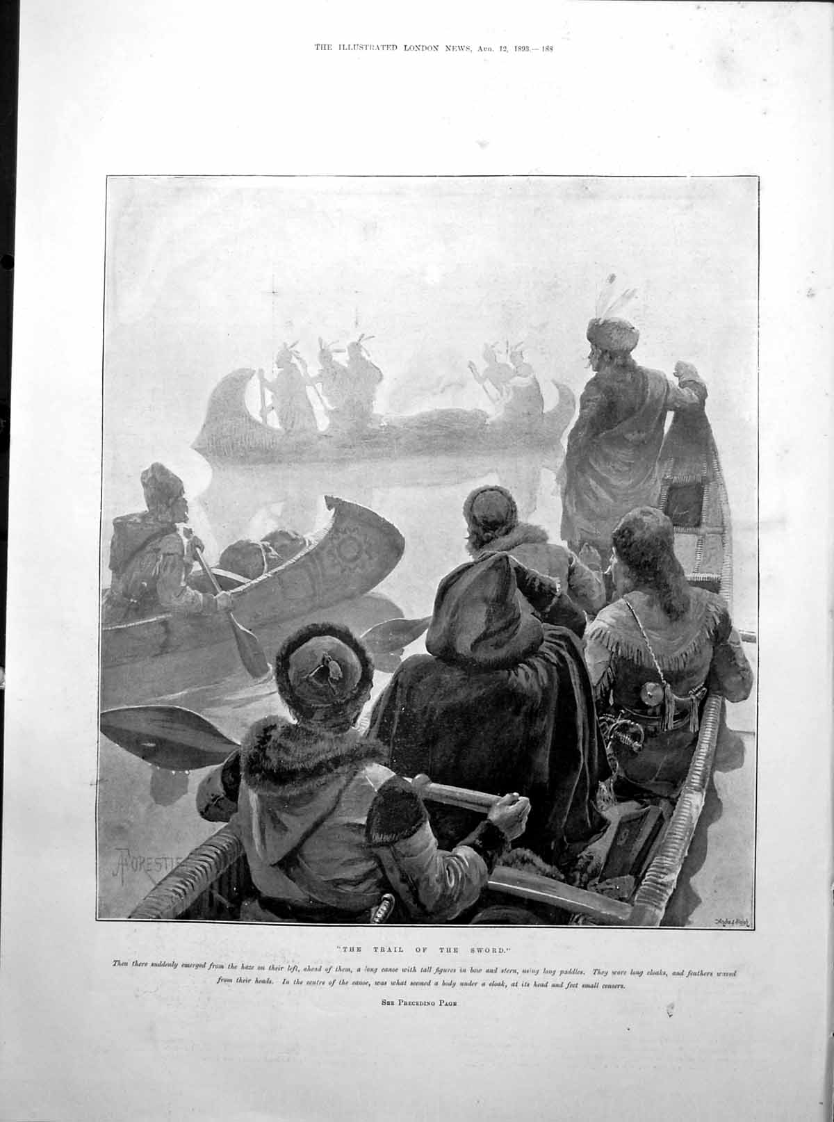 Old Print Trail Sword Native Americans Gents Canoes Rescuing Water 1893 19th