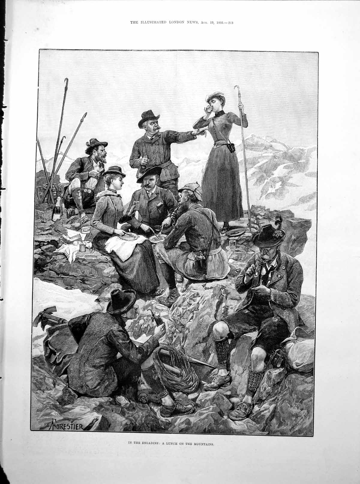 Antique Print Engadine Lunch Mountains Portraits Jh Gilbert Ab Storey 1893