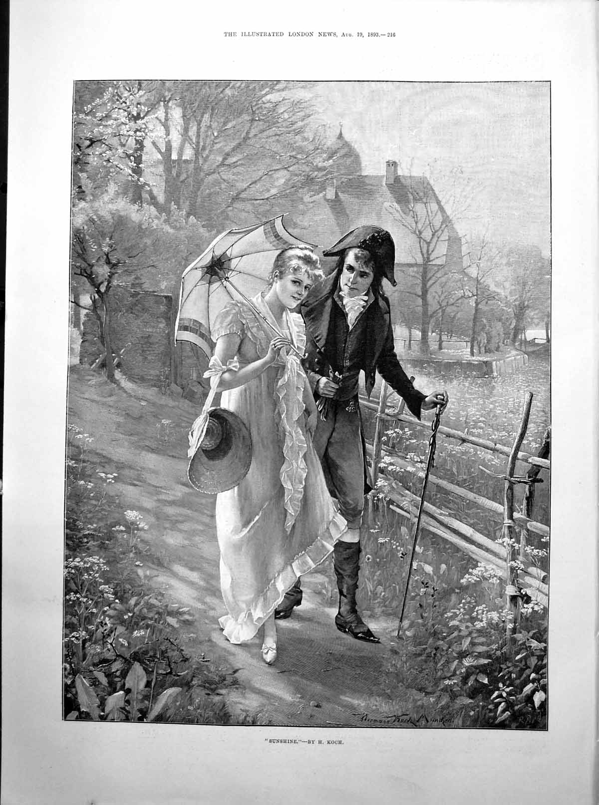 Old Print Sunshine H Koch Young Lady Beau Parasol Silver Statuette 1893 19th