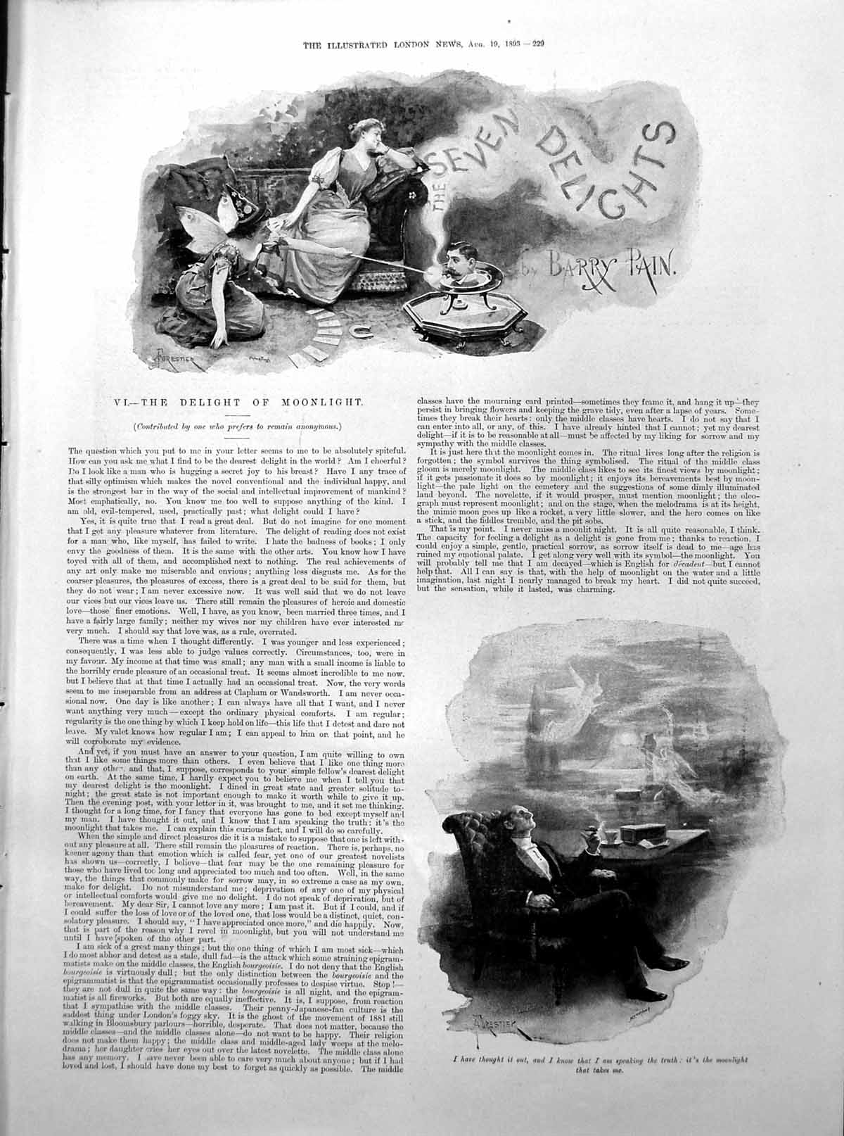 Original Old Antique Print Gentleman Cigar Daydreaming Moonlight Sier 1893