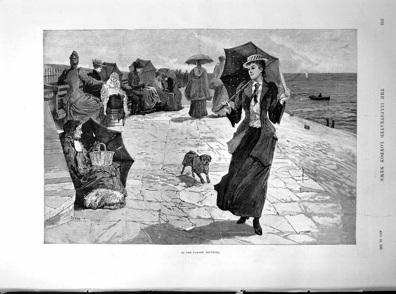 Antique Old Print On The Parade Southsea Lady Parasol Dog Walkers Beggar 1893
