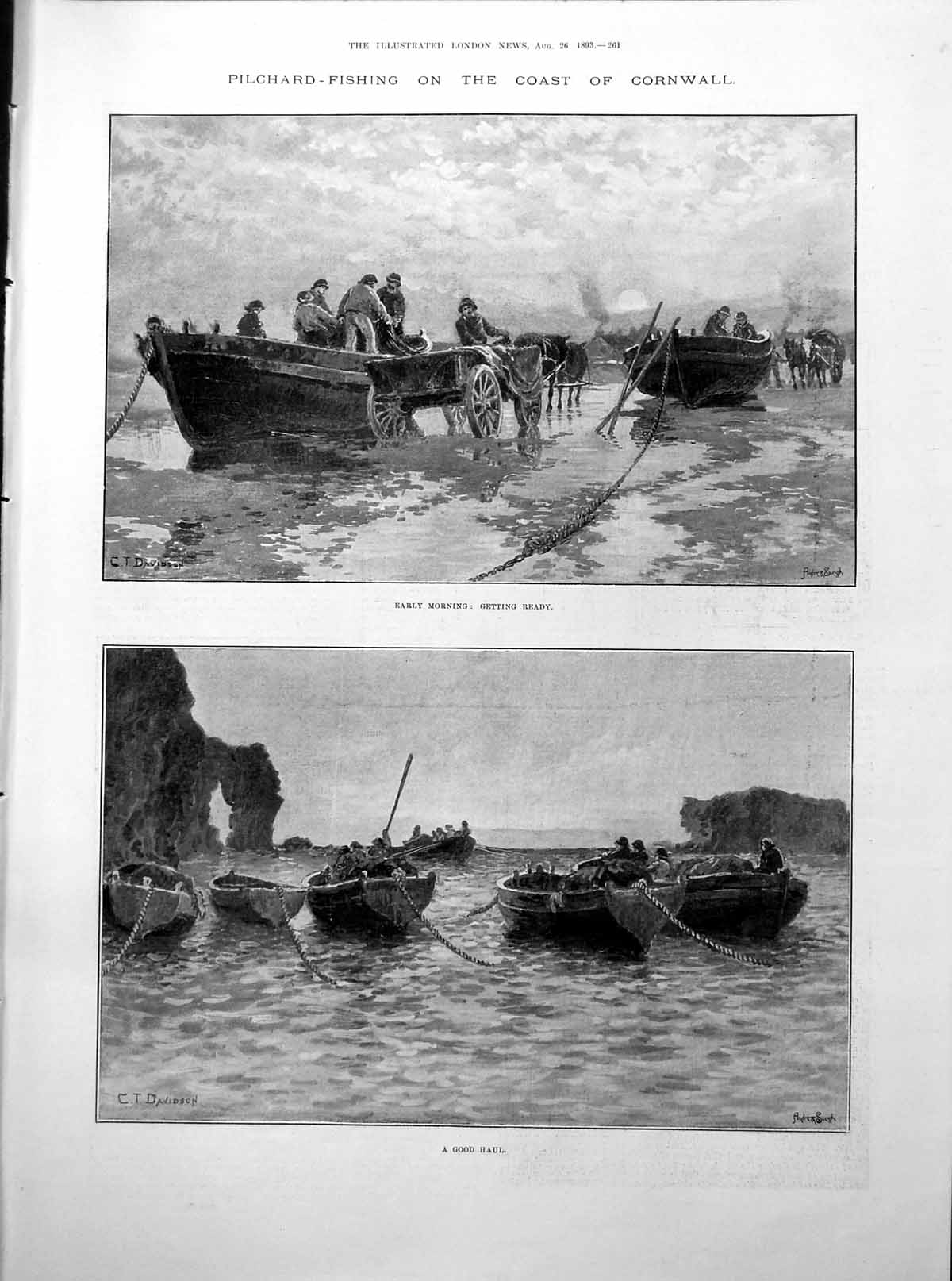 Antique Print Pilchard Fishing Cornwall Coast Horse Wagon Boats Ropes 1893 19th