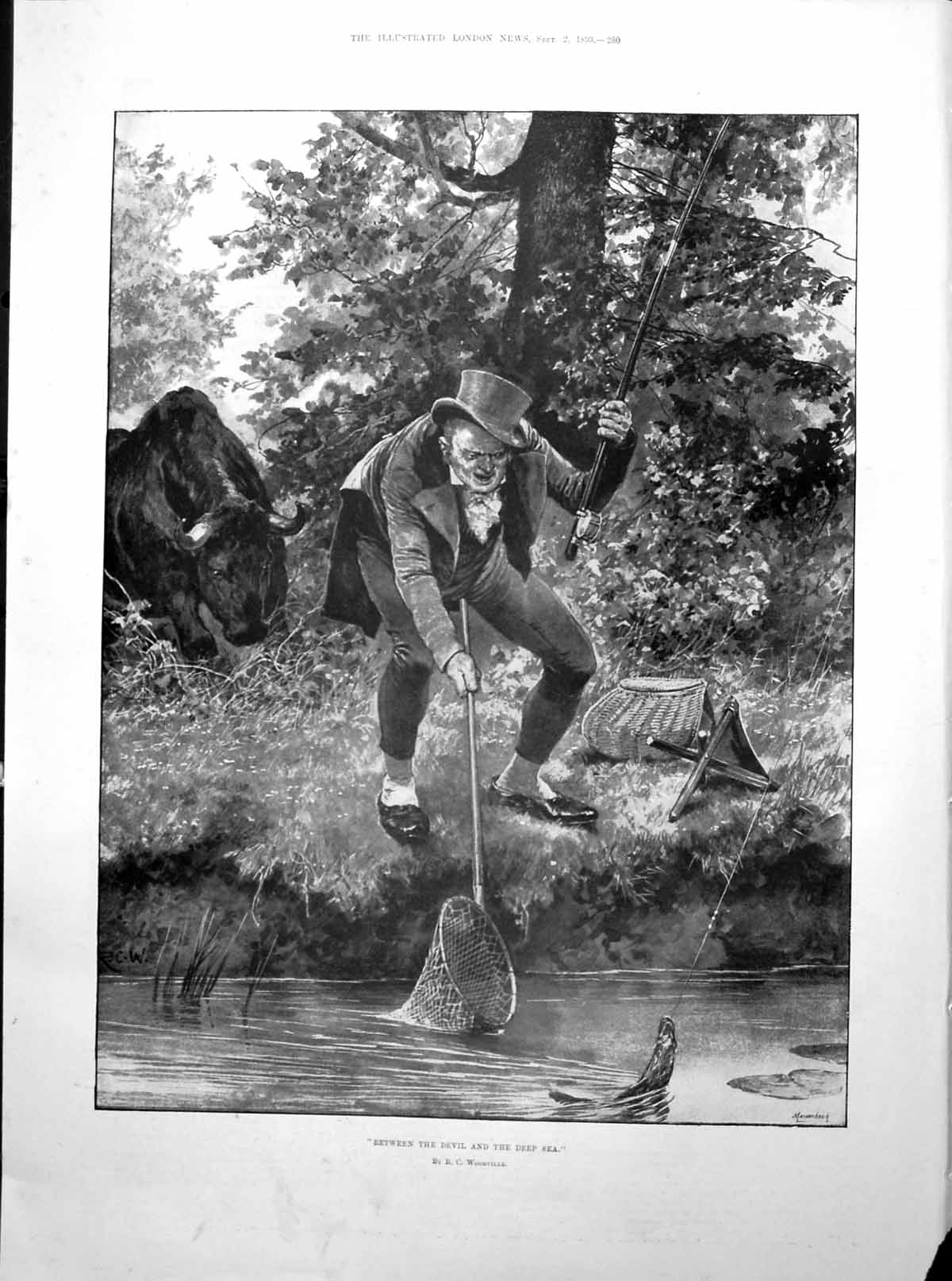 Old Bull Charging Fisherman Mid Catch Bristol Fine Art Exhibition 1893 19th