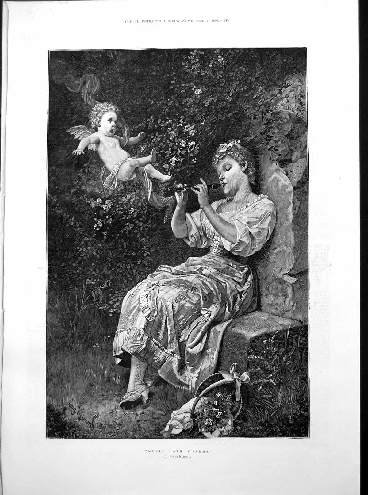 Old Print Music Hath Charms E Klimsch Lady Cherub Shrewsbury Houses 1893 19th