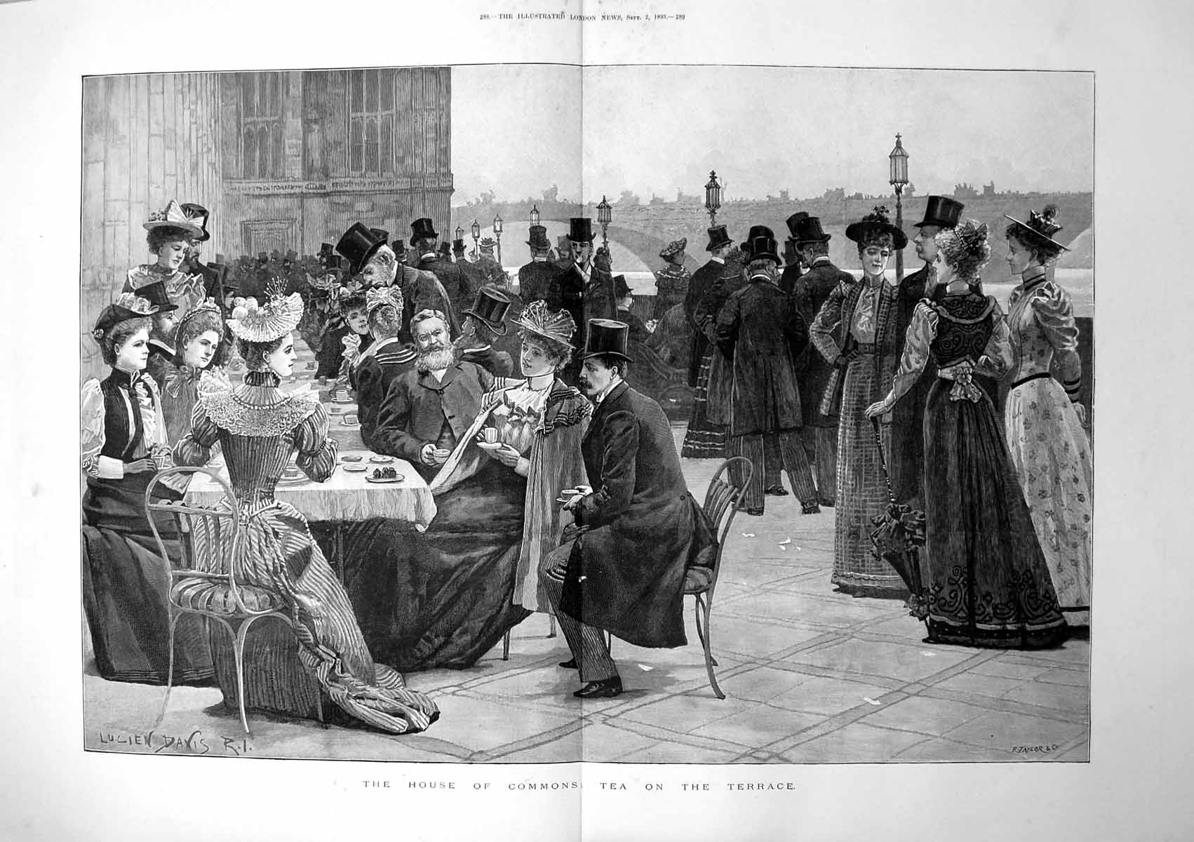 Antique Print House Commons Tea On The Terrace Top Hats Ladies Gents 1893 19th