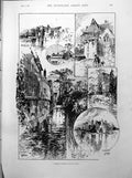 Antique Old Print Moated Houses Stoksay Crowhurst Samoa Boats Houses 1893 19th