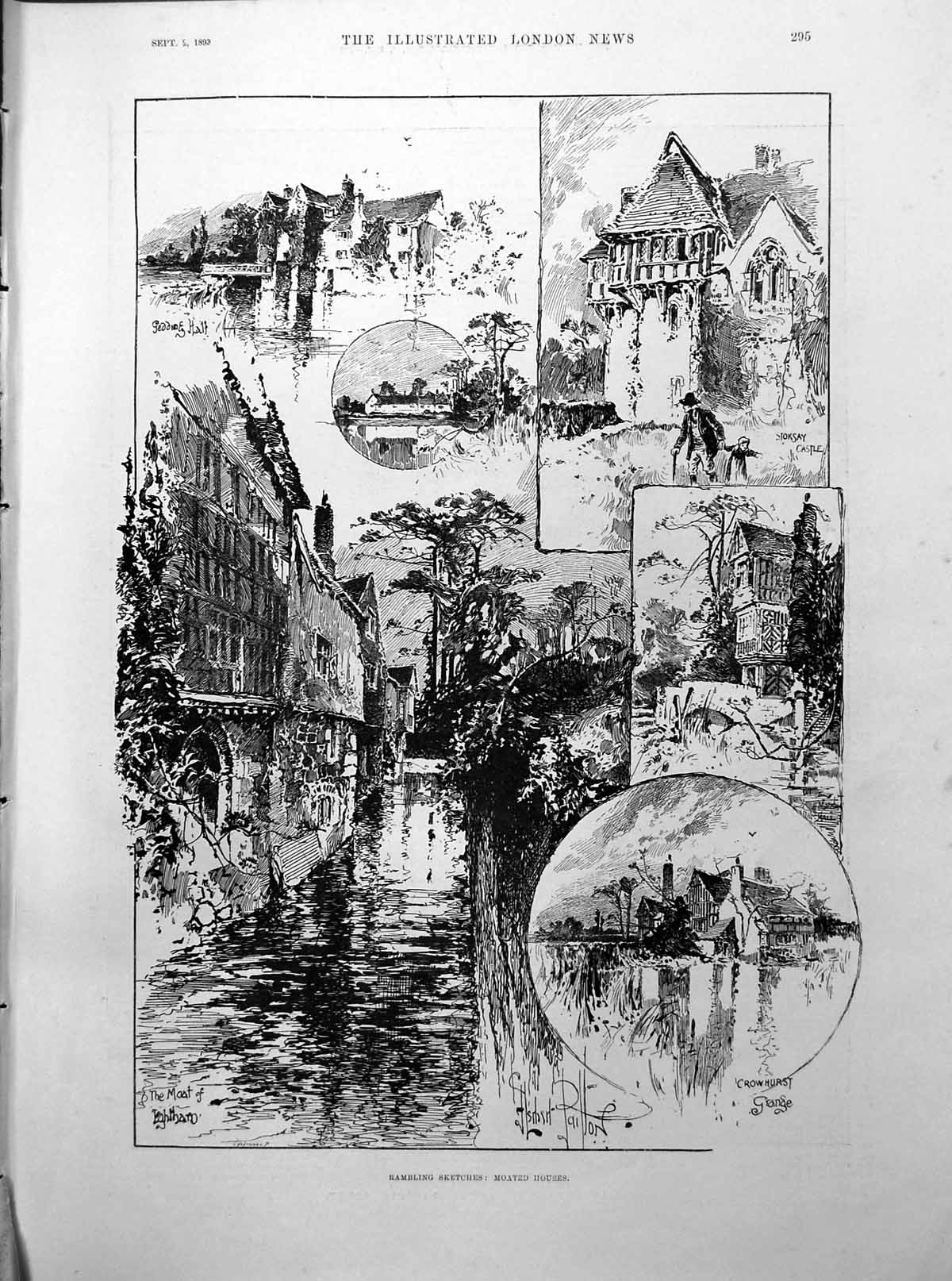 Antique Old Print Moated Houses Stoksay Crowhurst Samoa Boats Houses 1893 19th