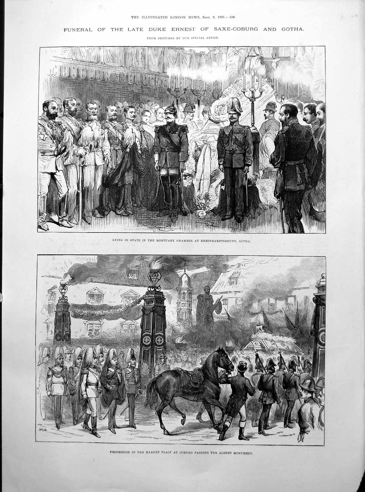 Antique Old Print Funeral Late Duke Ernest Saxe-Coburg Gotha Procession 1893