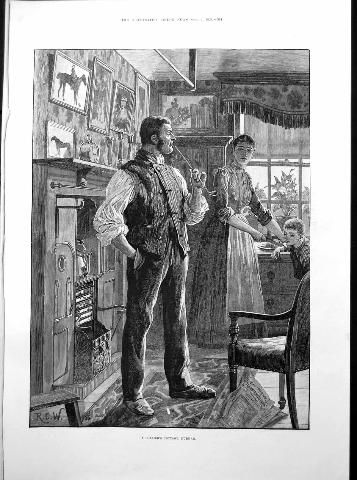 Old Print Colliers Cottage Durham Man Wife Boy A Gleaner Max Ludby 1893 19th