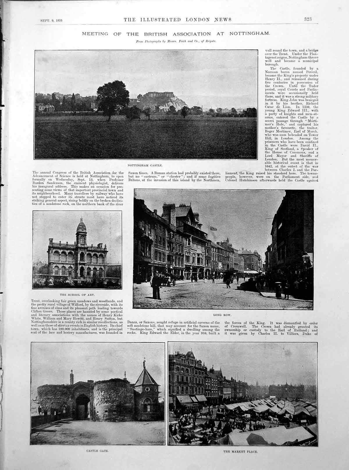 Old Print Nottingham Castle Long Row Market Guildhall Trent Bridge 1893 19th