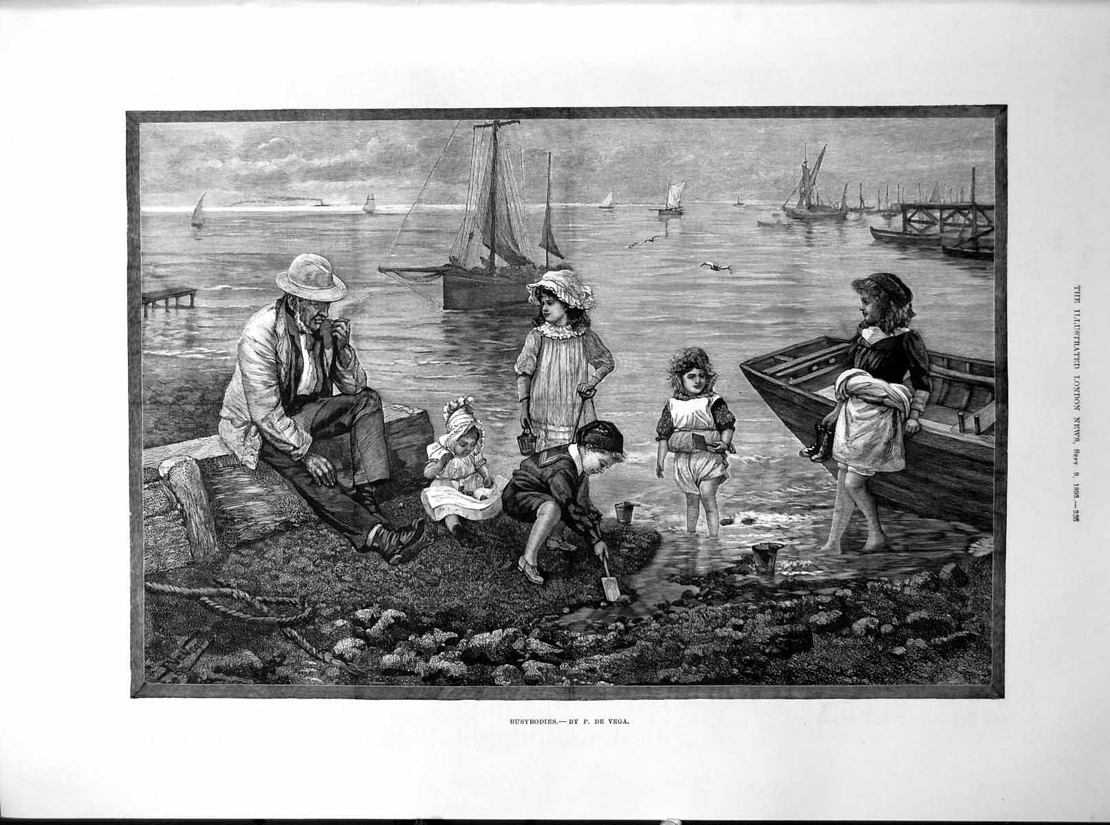 Old Print Busybodies P De Vega Gent Watching Children Playing Shore 1893 19th
