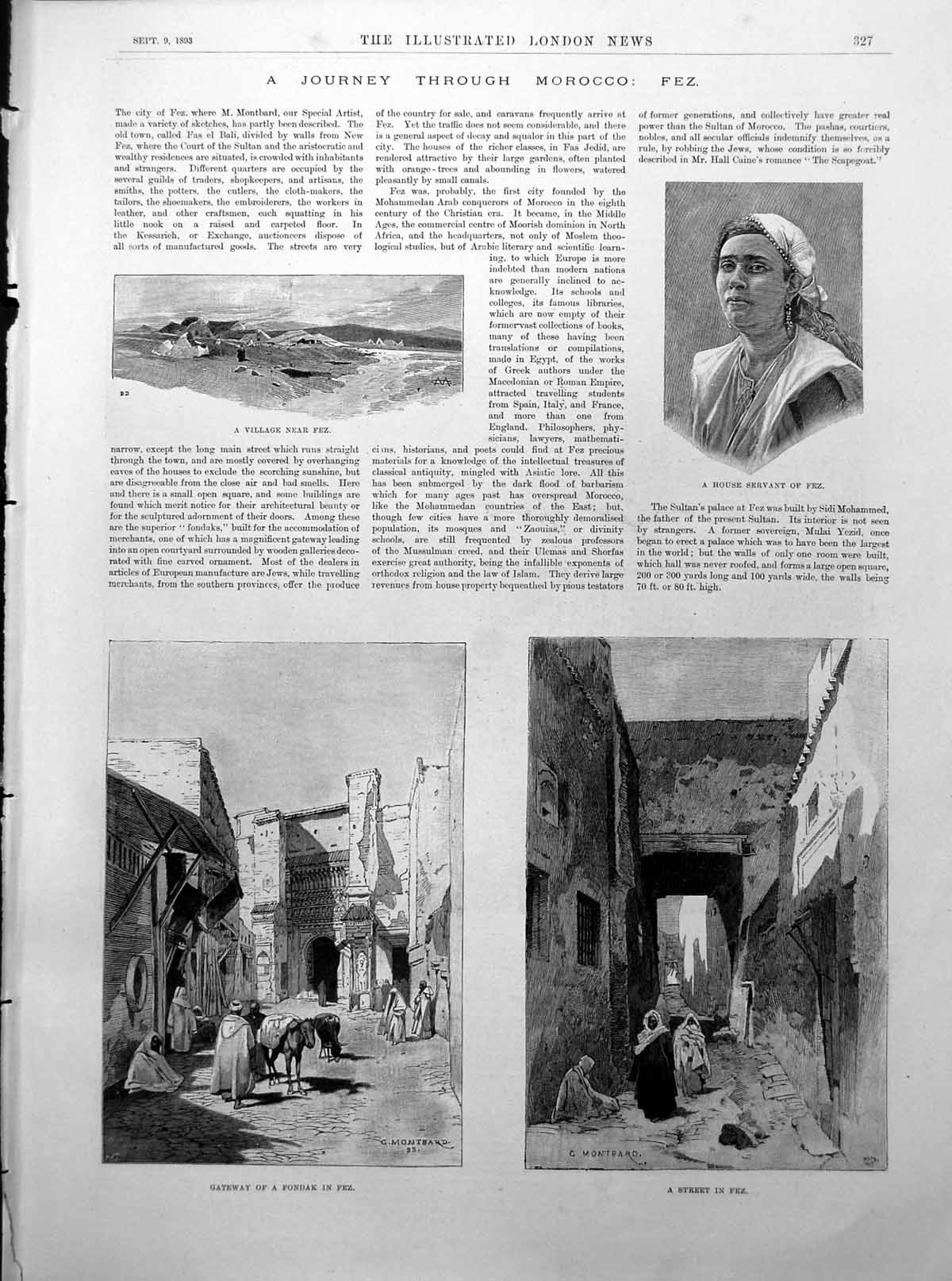 Antique Old Print Morocco Fez Village Street Gateway Caught Eagle Hare 1893