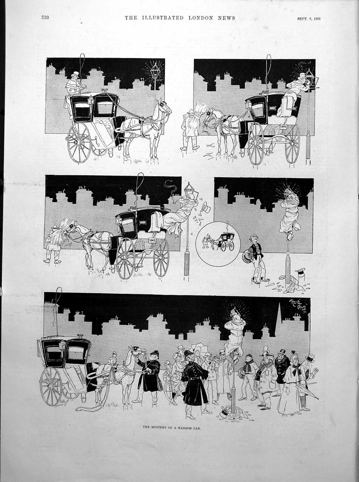 Old Print Comic Handsom Cab Man Lights Cigar Street Lamp Horse Goes 1893 19th