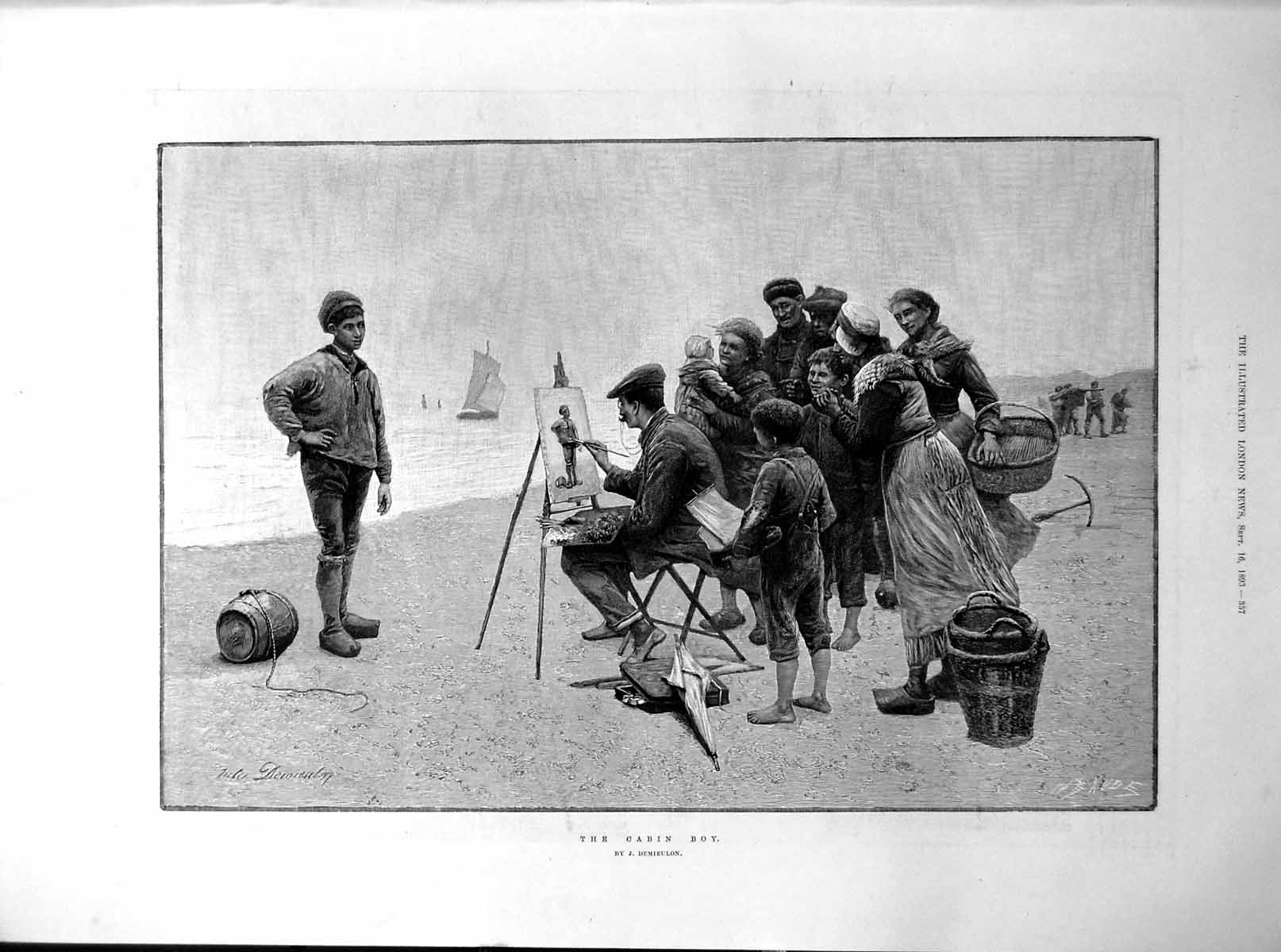 Old Print Cabin Boy J Demeiulon Painting Onlookers Volendam Fishing 1893 19th