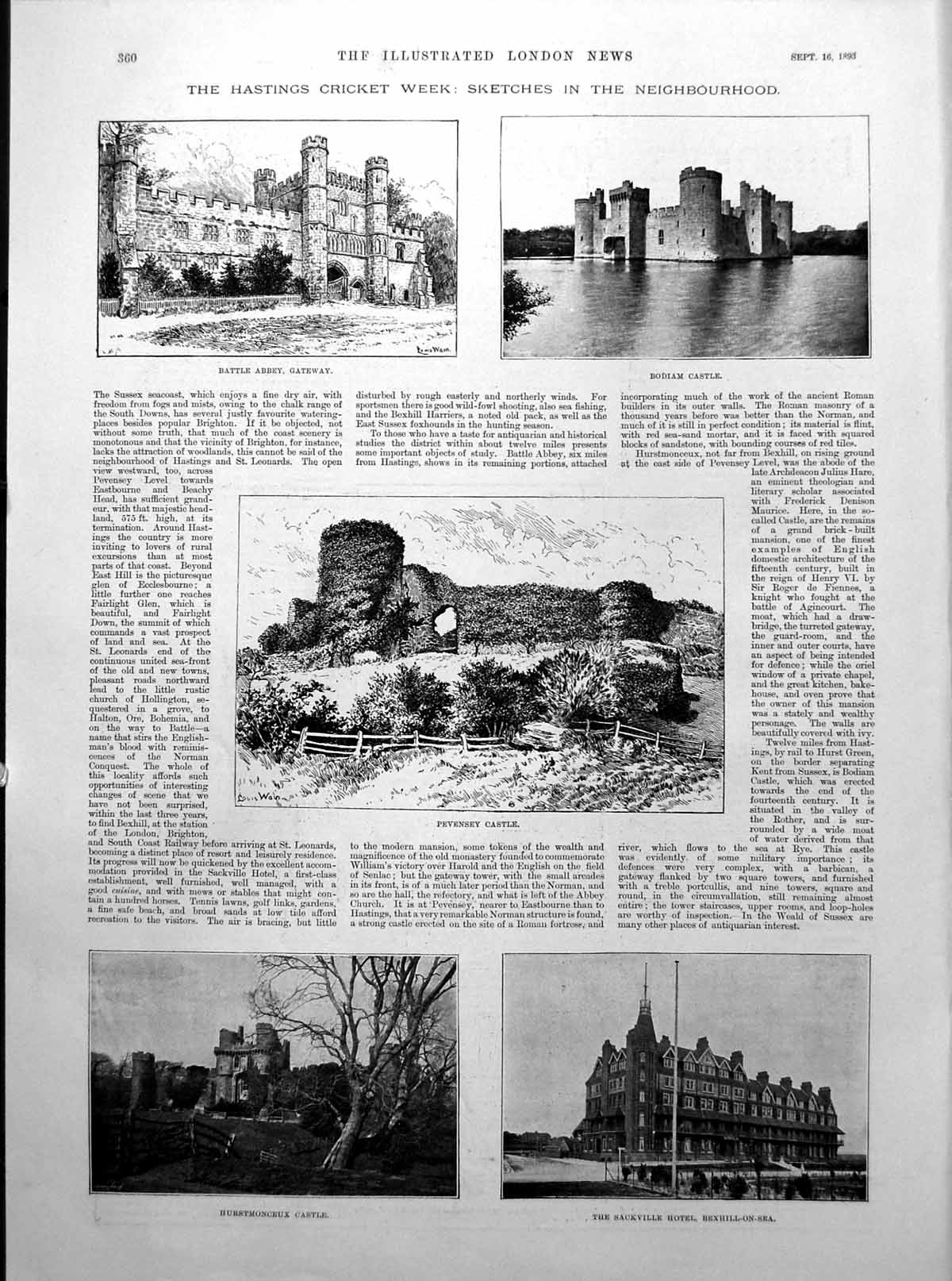 Old Print Battle Abbey Bodiam Castle Pevensey Hurstmonceux Hastings 1893 19th