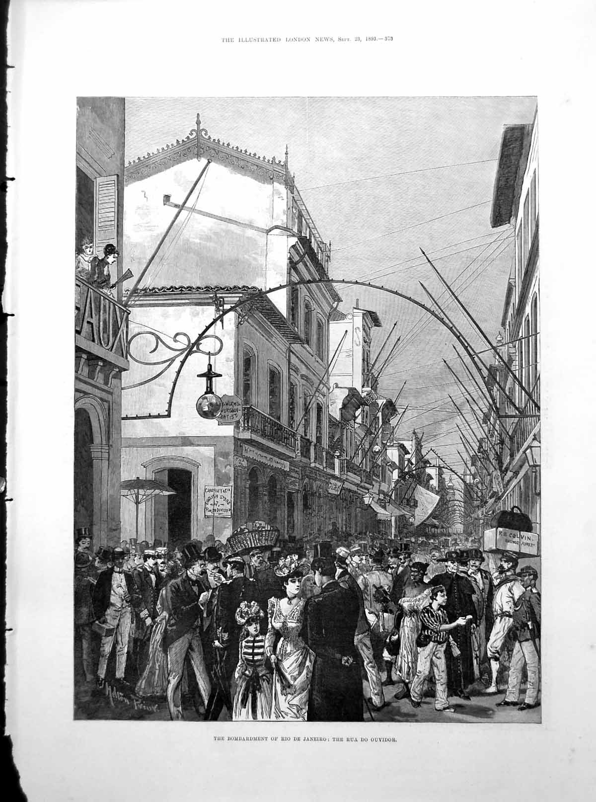 Old Print Bomardment Rio De Janeiro Rua Do Ouvidor Lemonade Seller 1893 19th