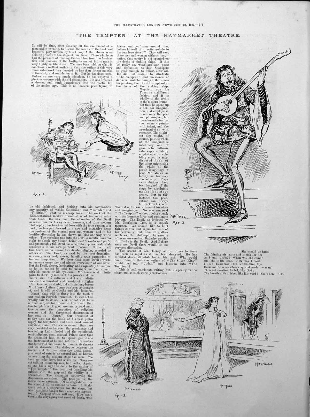 Antique Old Print Tempter Haymarket Theatre Actors Portraits Kennard 1893 19th