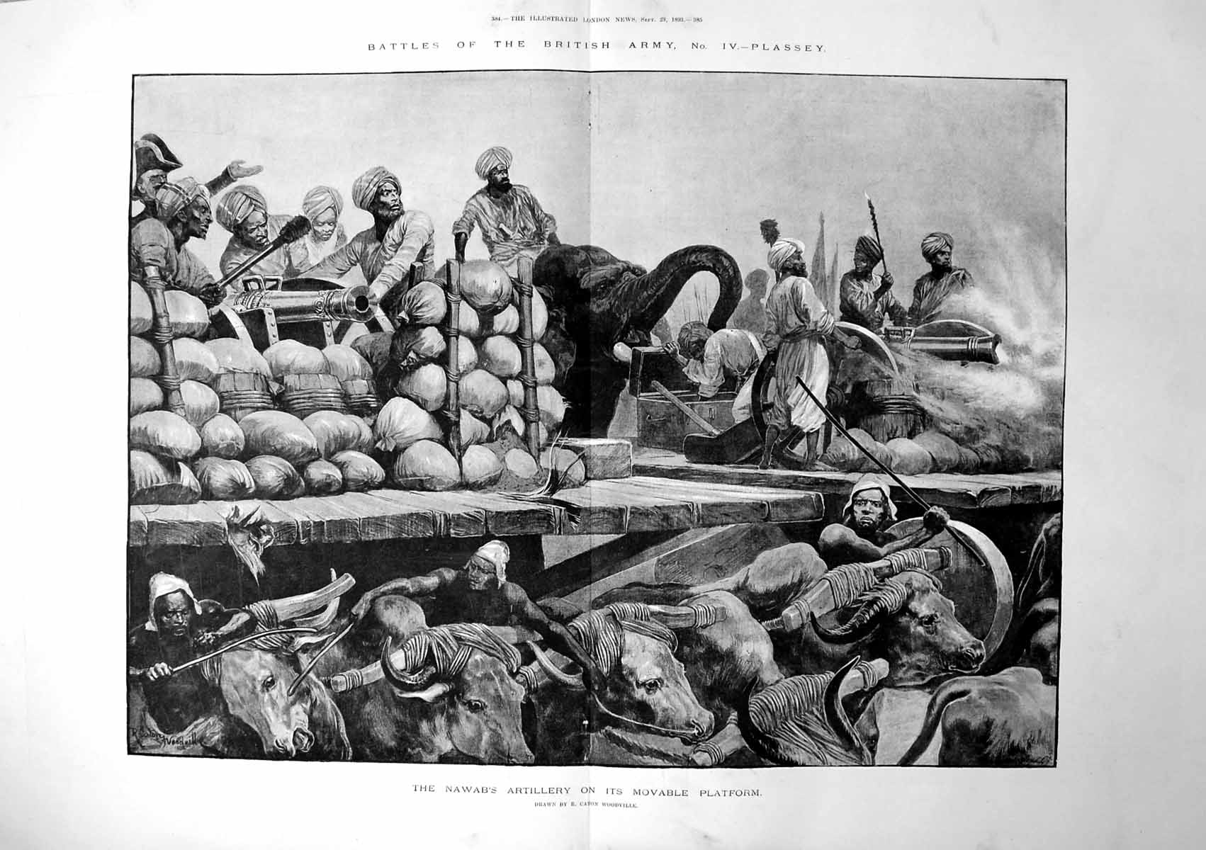 Old Print The Nawab'S Artillery On Its Movable Platform Elephant Ox 1893 19th