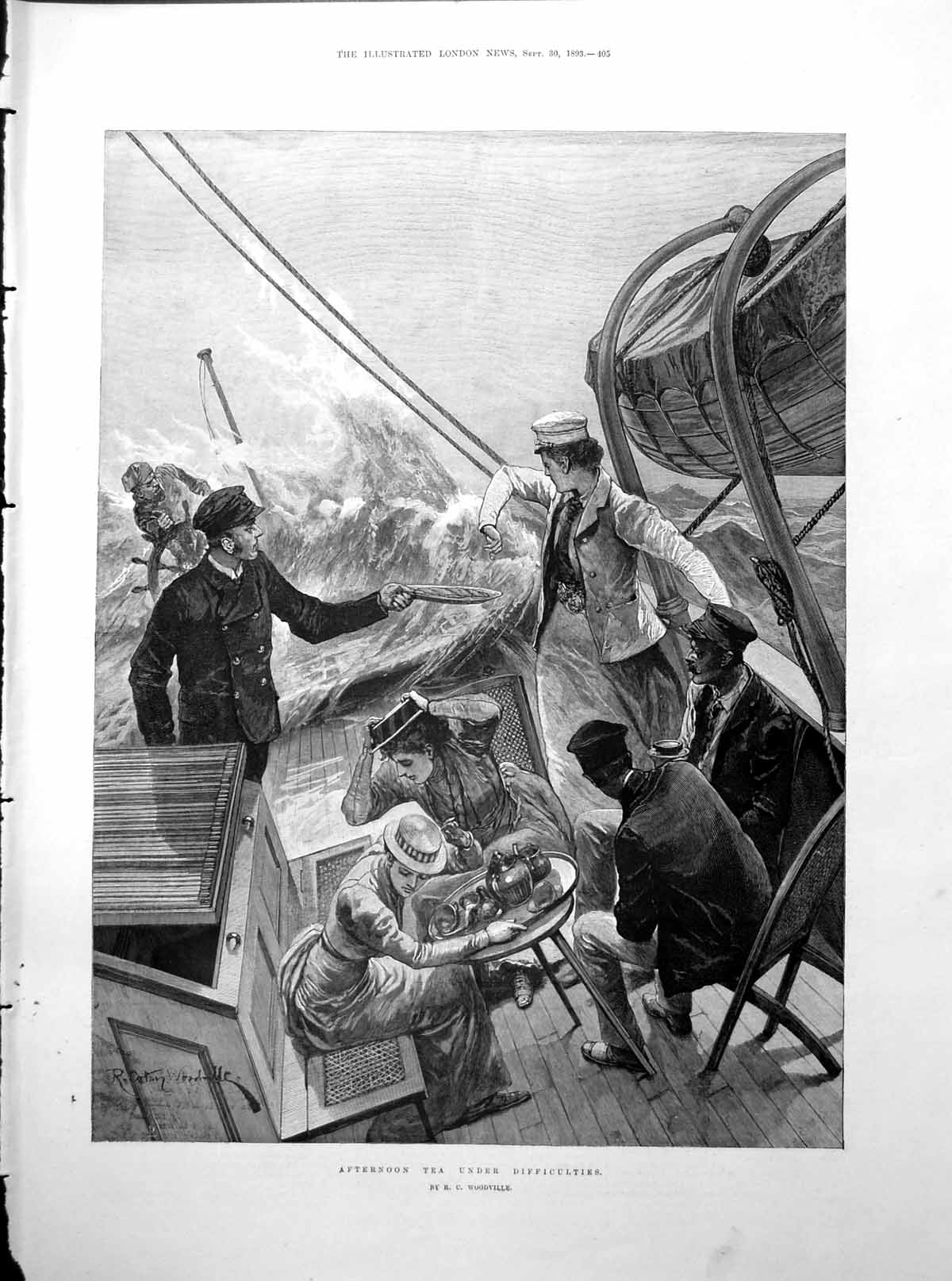 Antique Old Print Tea Stormy Sea Ladies Gents Portraits Galt Hawksley 1893